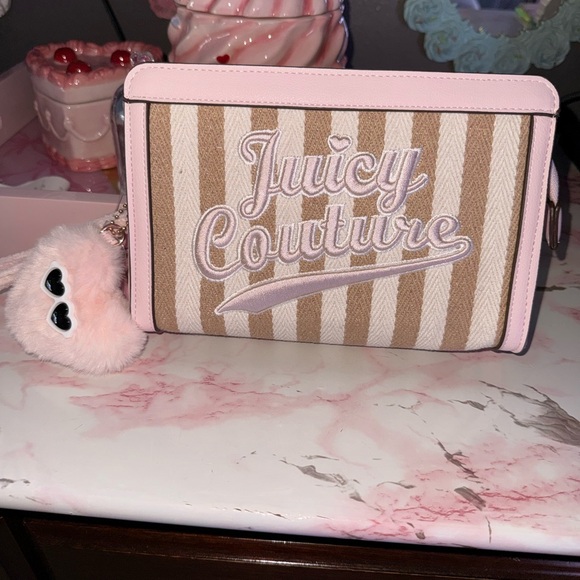 Juicy Couture Handbags - Juicy Couture Pink & Tan Striped Makeup Bag with Faux Fur Charm